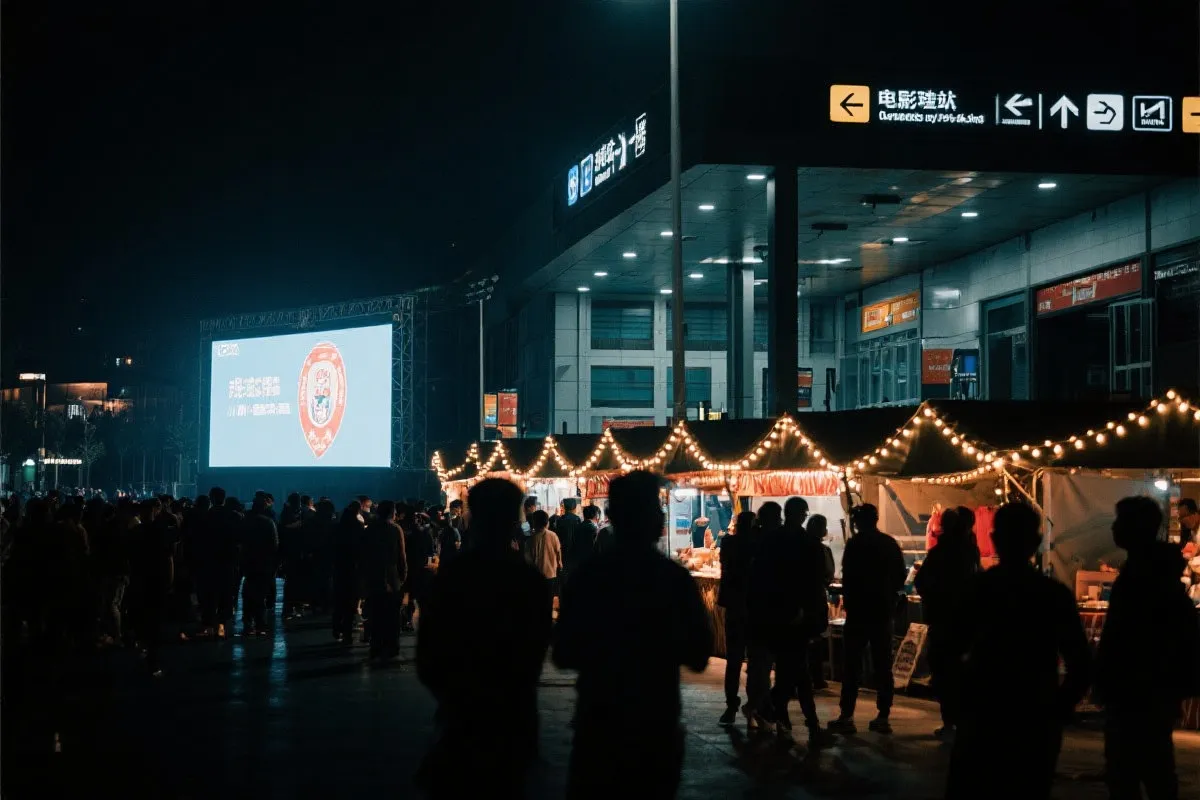 费城球迷广场夜景：大屏观赛人群、步行指示牌与公共交通入口